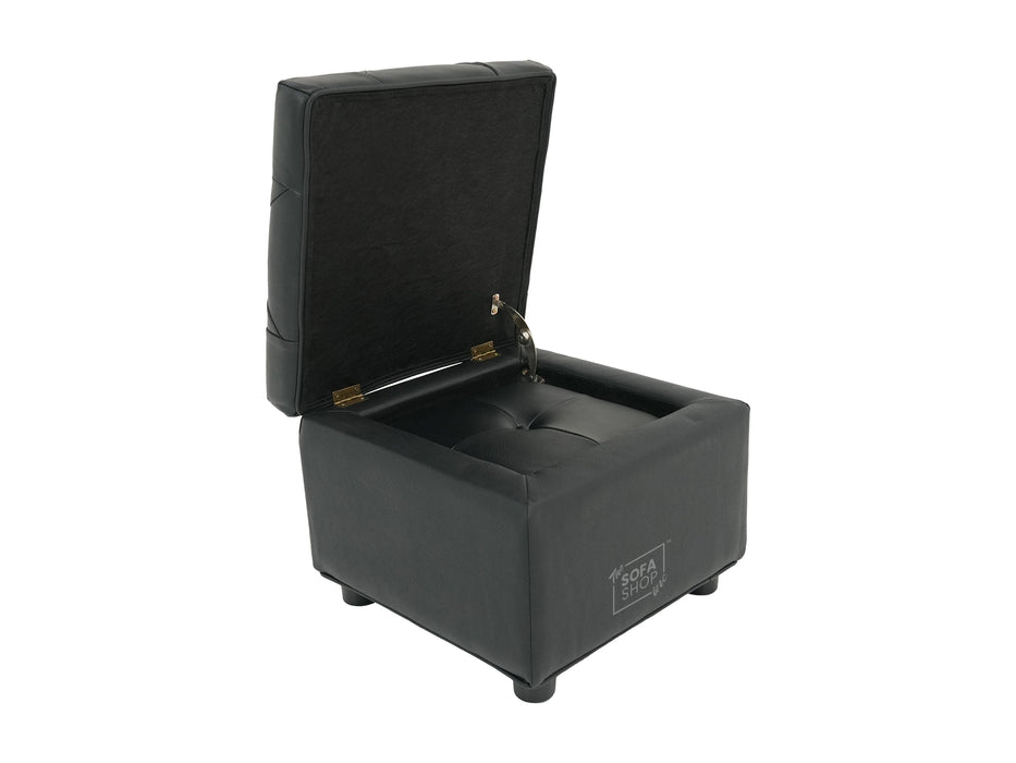 Black Real Leather Footstool | Storage Ottoman for Sofa - Square