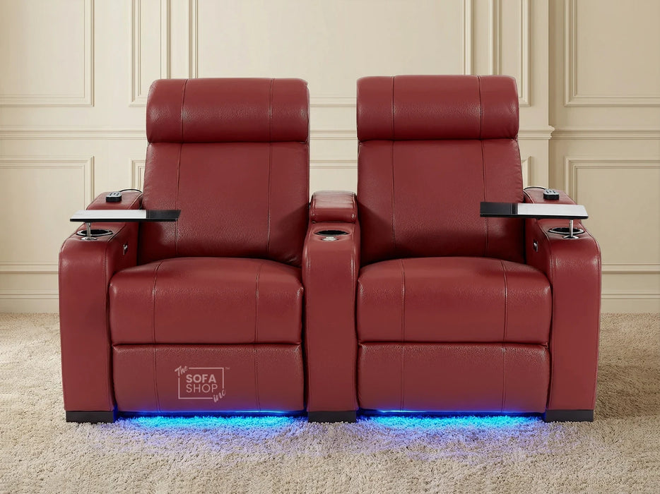 2 Seater Real Leather Electric Recliner Cinema Sofa in Red | Hi-Tech Cinema Sofa With Massage, Tray Tables & Cooling Cup Holders + USB Ports | Rimini | The Sofa Shop