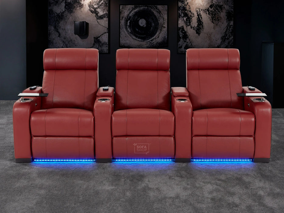 3 Seater Real Leather Electric Recliner Cinema Theatre Sofa in Red | Electric Recliner With Massage, Bluetooth & Cooling Cup Holders + Storage + Power | Rimini | The Sofa Shop