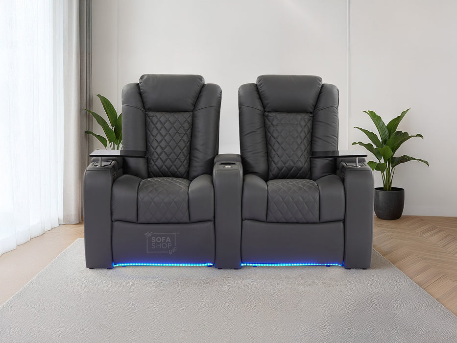 2 Seater Grey Real Leather Electric Recliner Cinema Sofa | Power Headrest, Bluetooth Speakers, Wireless Charging & Cooling Cup Holders | Milano | The Sofa Shop