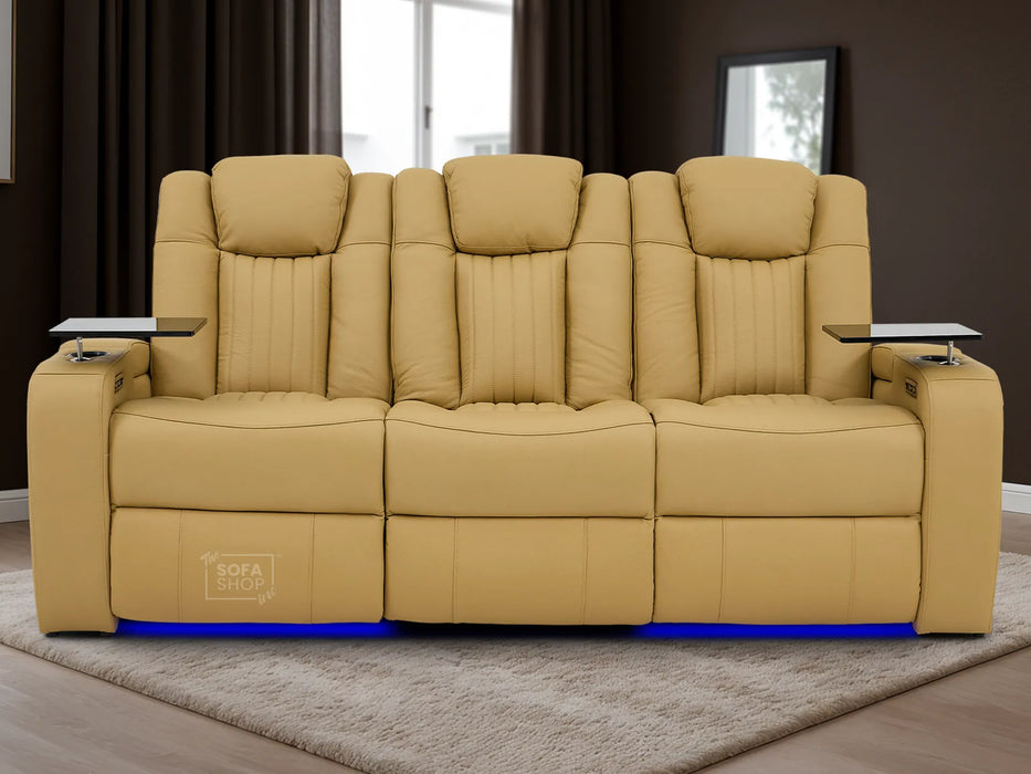 Real Leather 3+2 Smart Recliner Sofa Set in Tan | Power Reclining Sofa Suite with Drop-Down Table, Console, Massage, USB & LED | Capri | The Sofa Shop