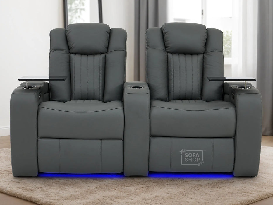 2 Seater Real Leather Power Recliner Smart Cinema Sofa | Grey Couch with Massage, Arm Storage, and Adjustable Headrest | Capri | The Sofa Shop