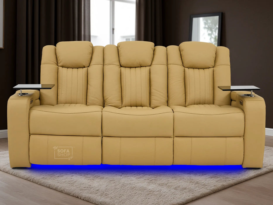 3 Seater Real Leather Power Recliner Sofa in Tan | Cinema Sofa with USB Charging, Cup Holders, Storage, LED Lights & Massage | Capri | The Sofa Shop