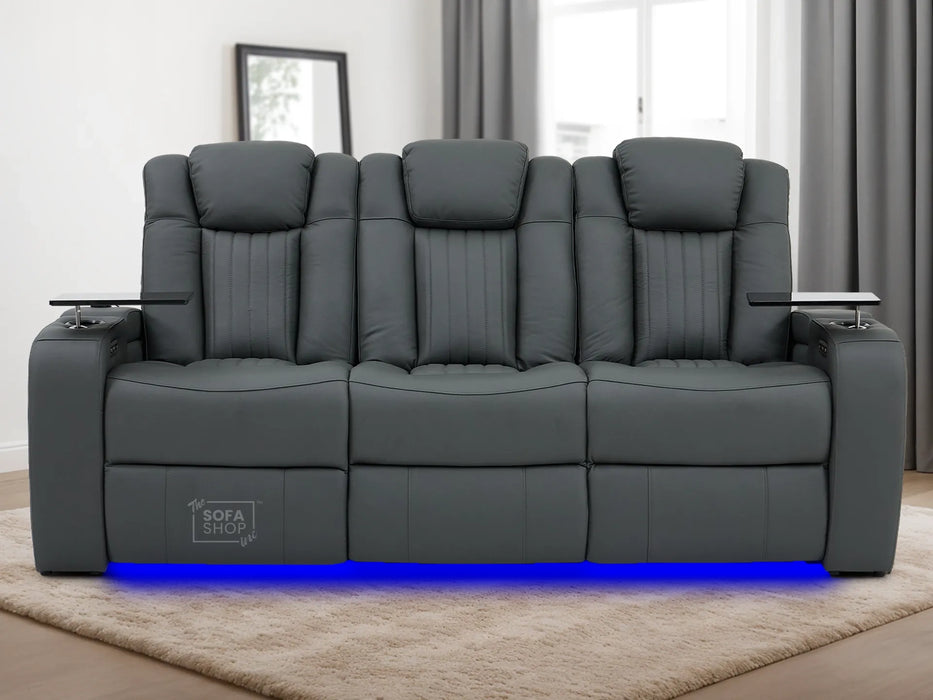 3 Seater Recliner Cinema Sofa | Theatre Couch in Grey Real Leather with USB Ports, Heating, Cup Holders, and Wireless Charger | Capri | The Sofa Shop