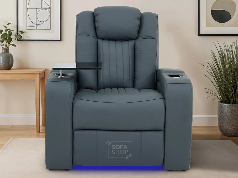 Real Leather Recliner Chair In Blue with Power Headrest, Power Recline, Massage, USB Charging, LED Cup Holder & Tray Table | Capri