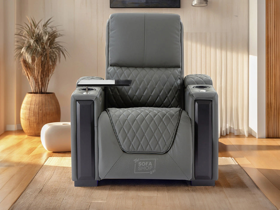 1 Seat Real Leather Electric Recliner Chair Home Cinema Sofa In Grey with Enhanced Power Recline + Storage Compartments & Lumbar Support | Assisi