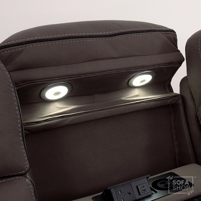 3 Seater Electric Recliner Cinema Sofa in Dark Brown Fabric | Hi-Tech Sofa With Massage, Fold-Down Table, Bluetooth Speakers, LED Lights & Power Headrest | Tuscany | The Sofa Shop