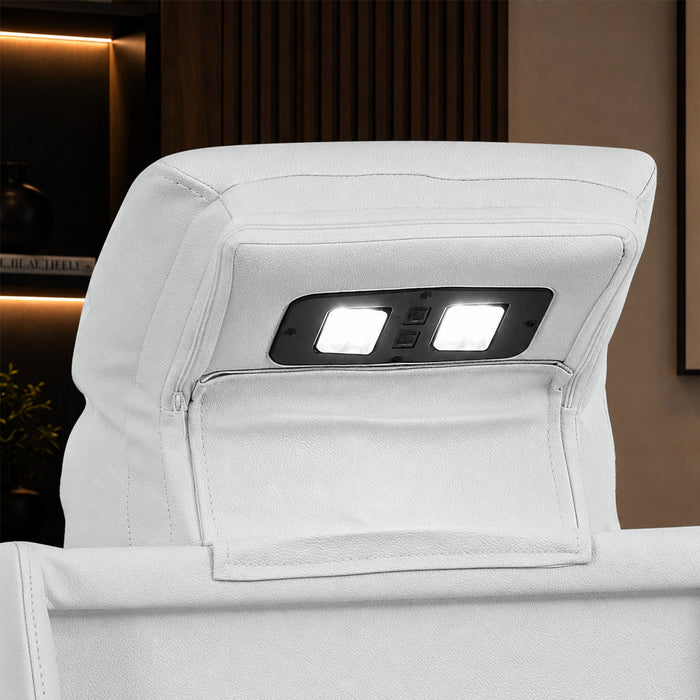 3 Seater Real Leather Electric Recliner Cinema Sofa with Fold-Down Table, Massage, Led Lights, USB-C Ports, Storage & Cupholders | White Genuine Leather | Napoli