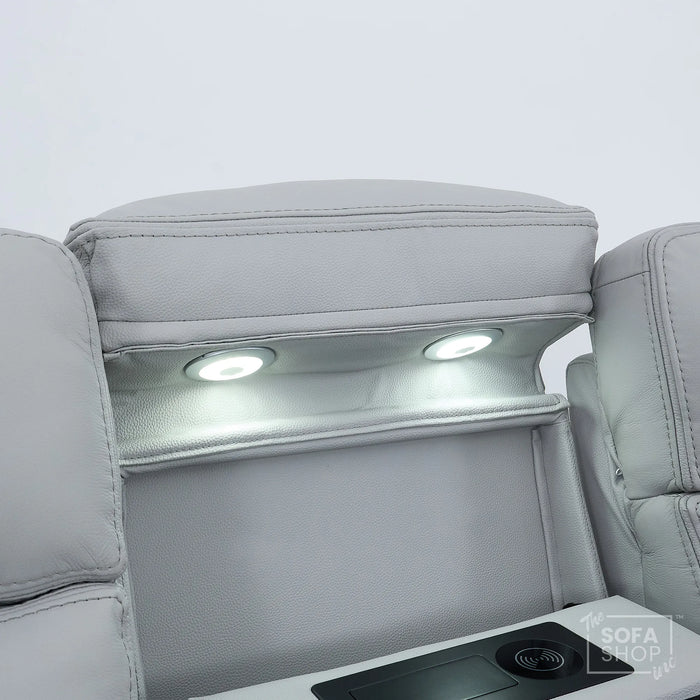3 Seater Cinema Sofa in Light Grey Genuine Leather | Hi-Tech Couch with Power Recline + Power Headrests + Wireless Charging + Speakers | Sicily | The Sofa Shop