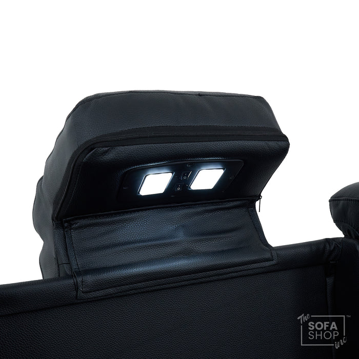 3 Seater Cinema Sofa in Black Real Leather | Hi-Tech Cinema Sofa with Vibration Massage, Heated Lumbar, Bluetooth Speakers, Heating & Cooling Cupholders | Capri | The Sofa Shop
