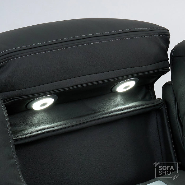 3 Seater Electric Recliner Cinema Sofa in Grey Real Leather | Hi-Tech Cinema Seats with Massage, Drop-Down Table, LED Reading Light, Power Headrest, Power Recliner, Storage Drawer, Heating, USB & Wireless Charging | Sicily