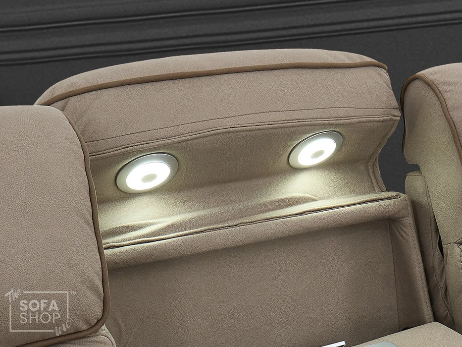 3 Seat Electric Recliner Home Cinema Sofa | Fabric Couch In Beige | Hi-Tech Sofa with Cup Holders + Table + Power Headrests + Speakers | Florence