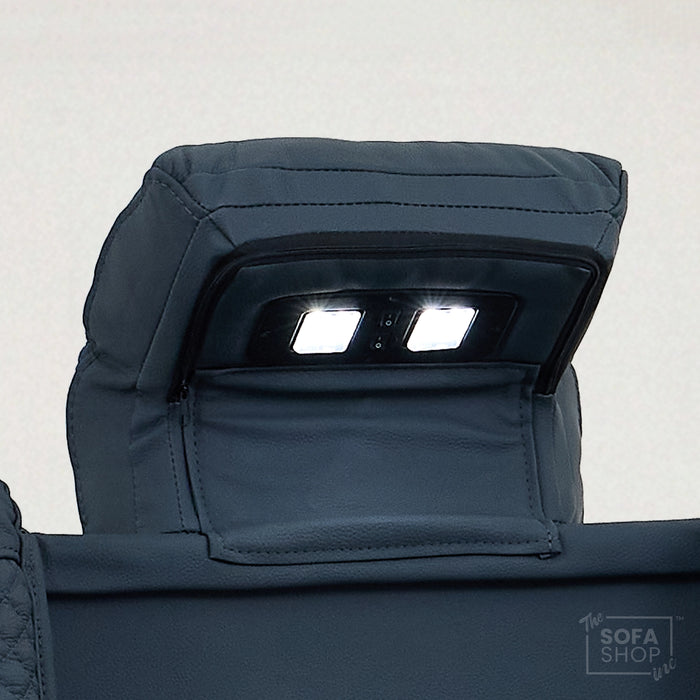 3 Seater Electric Recliner Cinema Sofa in Blue Genuine Leather with Massage, Drop-Down Table, Cup Holders, Power Recliner, USB Ports & Storage Box | Napoli