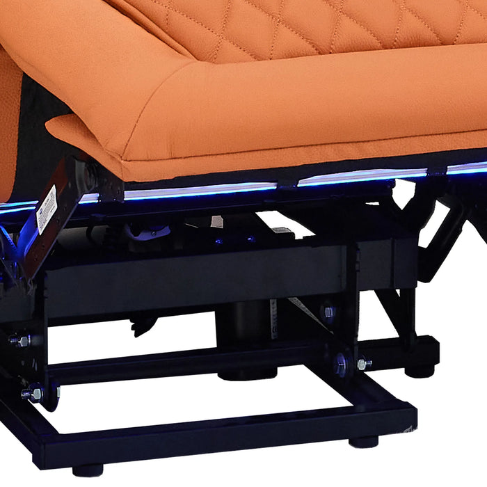 1 Seater Electric Dual Lift Riser Cinema Chair | Power Recline, Heated Lumbar + Massage & Cooling & Heating Cup Holders | Orange Real Leather Riser Armchair with Tray Tables | Assisi | The Sofa Shop
