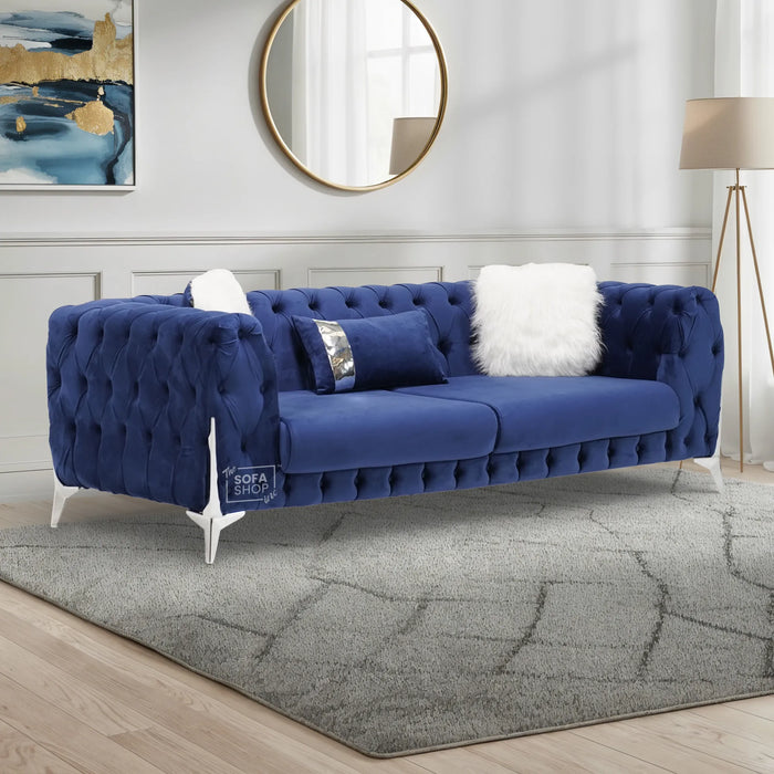 2 Seater Sofa In Blue Velvet | Missing 3 Buttons (Side Panel & Backrest)| Sandringham | Second Hand Sofas 31