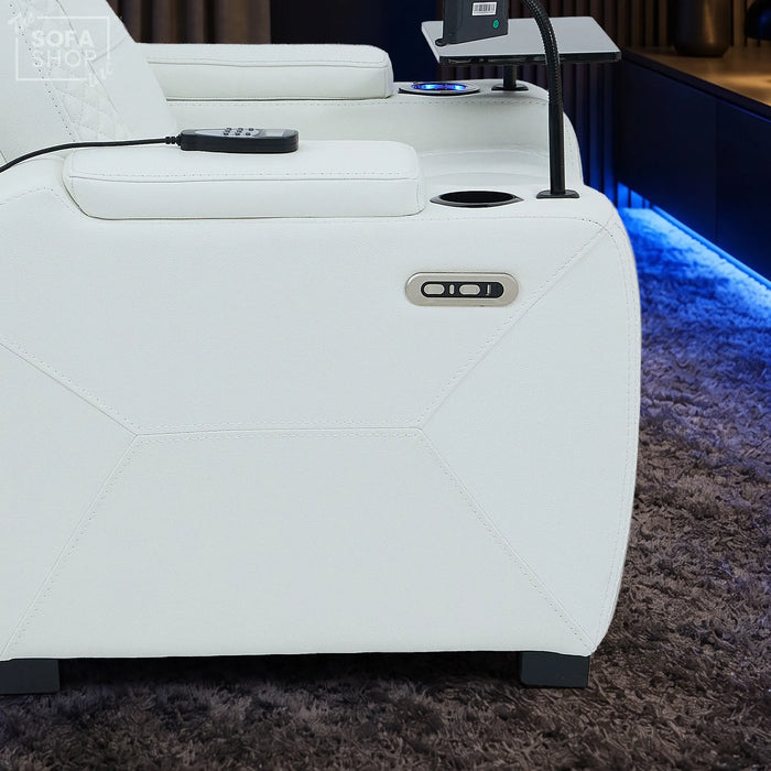 1 Seater Cinema Chair in White Genuine Leather | Hi-Tech Cinema Chair with Power Recline + Power Headrest + Vibration Massage + Heated Lumbar + Power Sockets | Napoli | The Sofa Shop