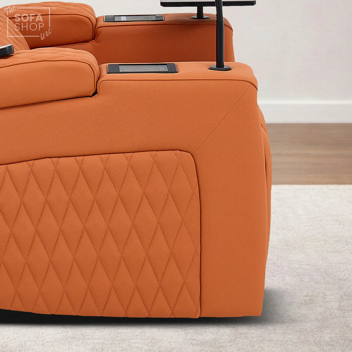 1 Seater Electric Dual Lift Riser Cinema Chair | Power Recline, Heated Lumbar + Massage & Cooling & Heating Cup Holders | Orange Real Leather Riser Armchair with Tray Tables | Assisi | The Sofa Shop