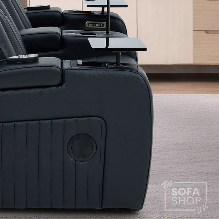 2 Seater Cinema Sofa in Black Real Leather | Hi-Tech Console Couch with Massage & Heated Lumbar, Wireless Charging, Heat & Cool Cupholders, Bluetooth Speakers & Multi-Link | Capri | The Sofa Shop