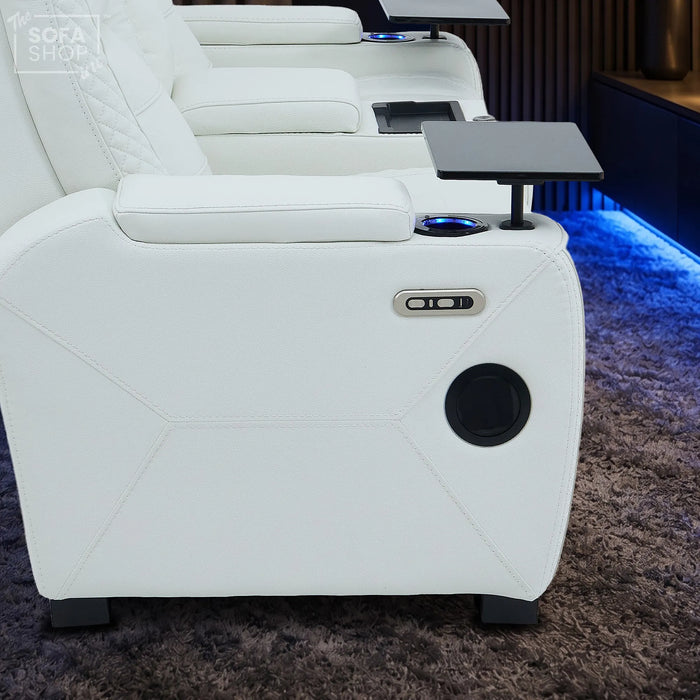 2 Seater Cinema Sofa in White Genuine Leather | Hi-Tech Console Couch with Power Recline + Power Headrests + Sockets + Speakers + Cooling Cupholders | Napoli | The Sofa Shop