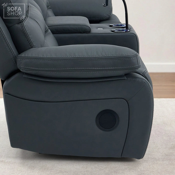 2 Seater Cinema Sofa in Grey Genuine Leather | Hi-Tech Console Couch with Power Recline + Power Headrests + Speakers + Cooling Cupholders | Sicily | The Sofa Shop