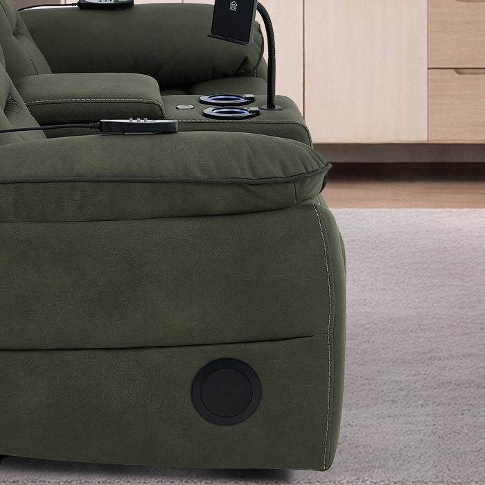 Green Fabric 2 Seater Electric Recliner Sofa | Hi-Tech Couch With Vibration Massage, Heated Lumbar, Multi-Link Bluetooth Speaker, Cooling & heating Cup Holders & Power Headrest | Florence | The Sofa Shop
