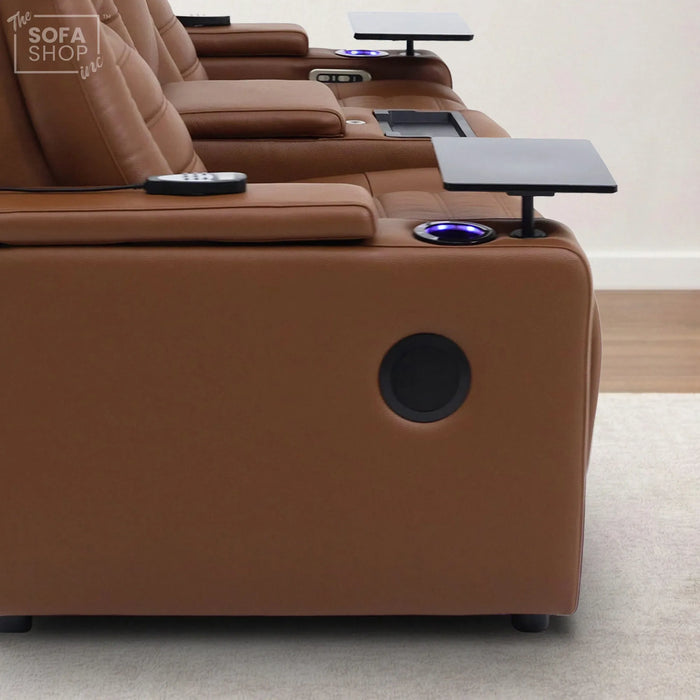 2 Seater Cinema Sofa in Brown Real Leather | Hi-Tech Console Couch with Power Recline, Vibration Massage, Heated Lumbar, Power Headrests, Wireless Charging, Heat & Cool Cupholders, Bluetooth Speakers & Multi-Link| Modena | The Sofa Shop