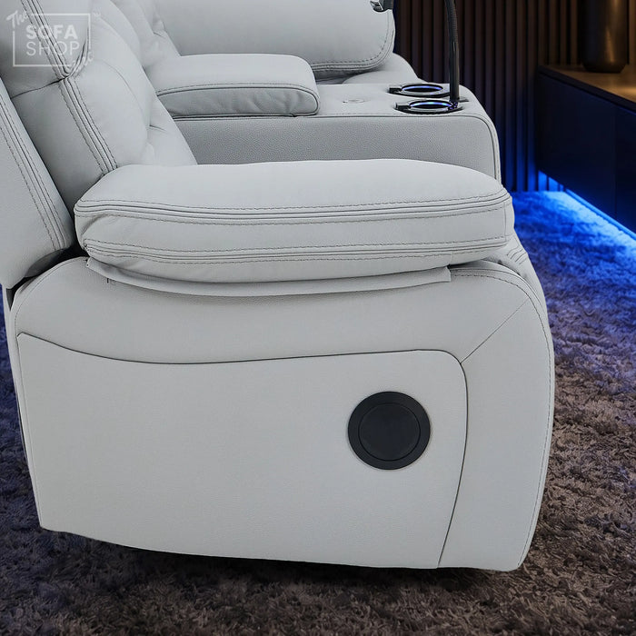 2 Seater Cinema Sofa in Light Grey Genuine Leather | Hi-Tech Console Couch with Power Recline + Power Headrests + Speakers + Cooling Cupholders | Sicily | The Sofa Shop