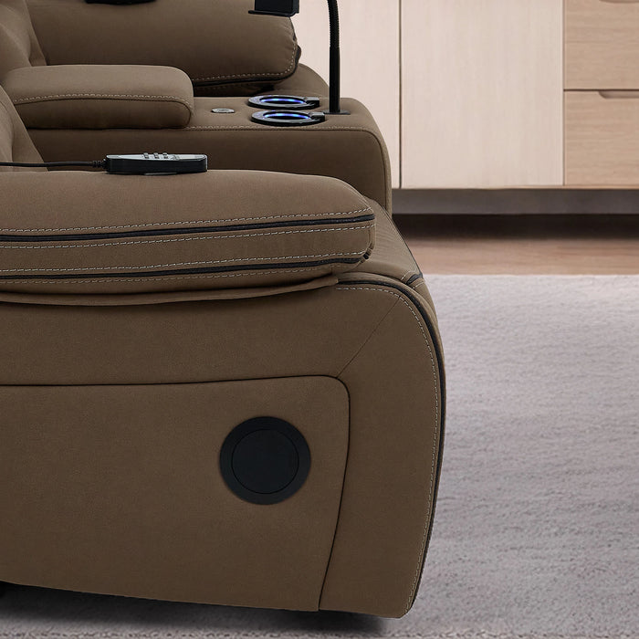 2 Seater Mocha Brown Fabric Electric Recliner Cinema Sofa with Massage, Heated Lumbar, Console, Bluetooth Speakers & LED Lights | Tuscany | The Sofa Shop