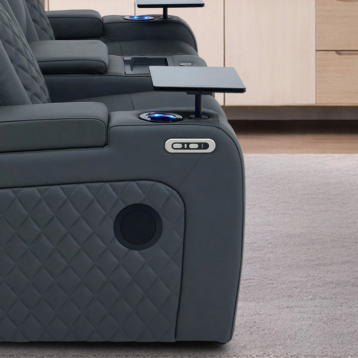 2 Seater Grey Real Leather Electric Recliner Cinema Sofa | Hi-Tech Couch With Power Headrest, Bluetooth Speakers, Wireless Charging, Cooling + Heating Cup Holder & Power Grommet  | Milano