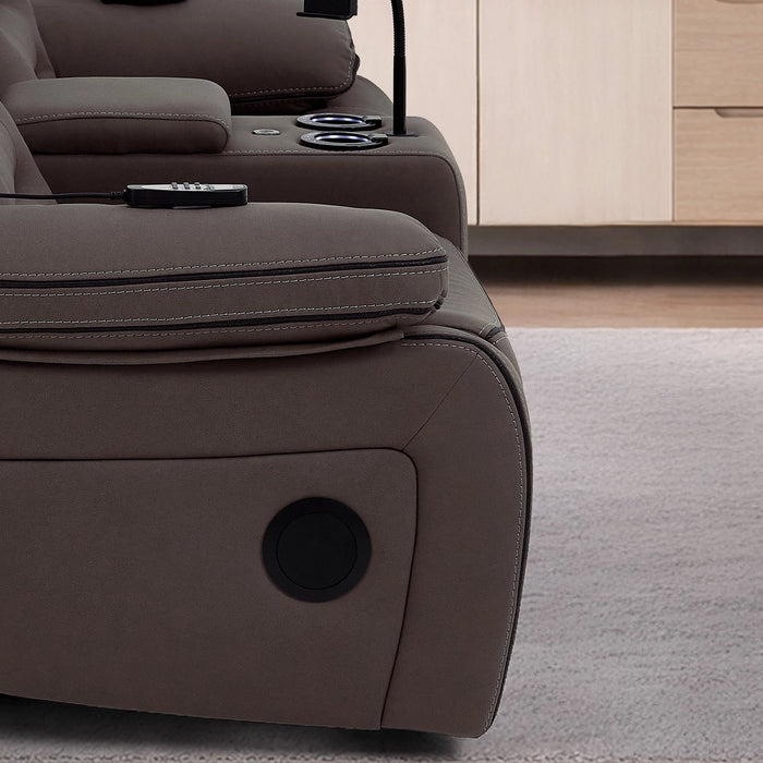 2 Seater Dark Brown Fabric Electric Recliner Home Theatre Sofa with Middle Console | Hi-Tech Sofa with 8-Point Massage, Heated Lumbar, Multi-Link Bluetooth, Cooling & Heating Cupholders | Tuscany | The Sofa Shop