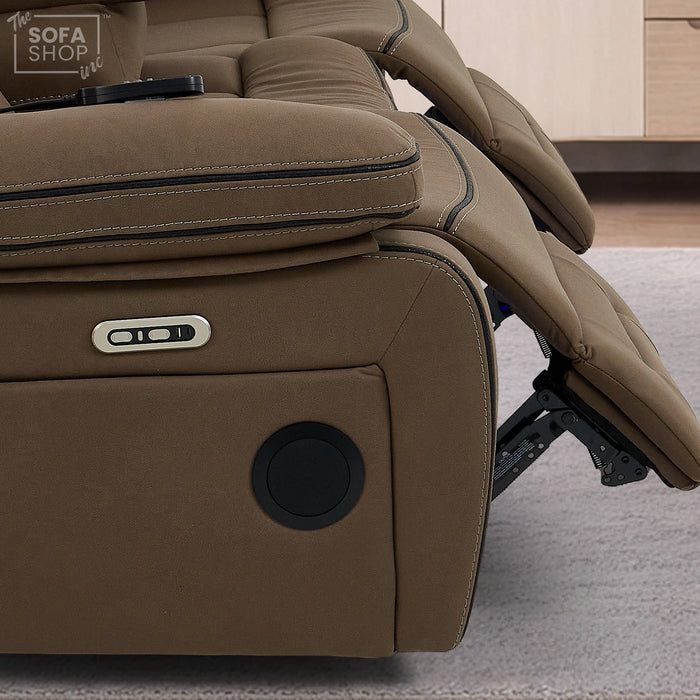 3 Seater Electric Recliner Cinema Sofa in Mocha Brown Fabric | Hi-Tech Sofa With Massage, Heat, Fold-Down Table, Bluetooth Speakers, LED Lights & Power Headrest | Tuscany | The Sofa Shop