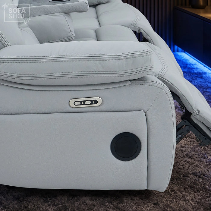 3 Seater Cinema Sofa in Light Grey Genuine Leather | Hi-Tech Couch with Power Recline + Power Headrests + Wireless Charging + Speakers | Sicily | The Sofa Shop