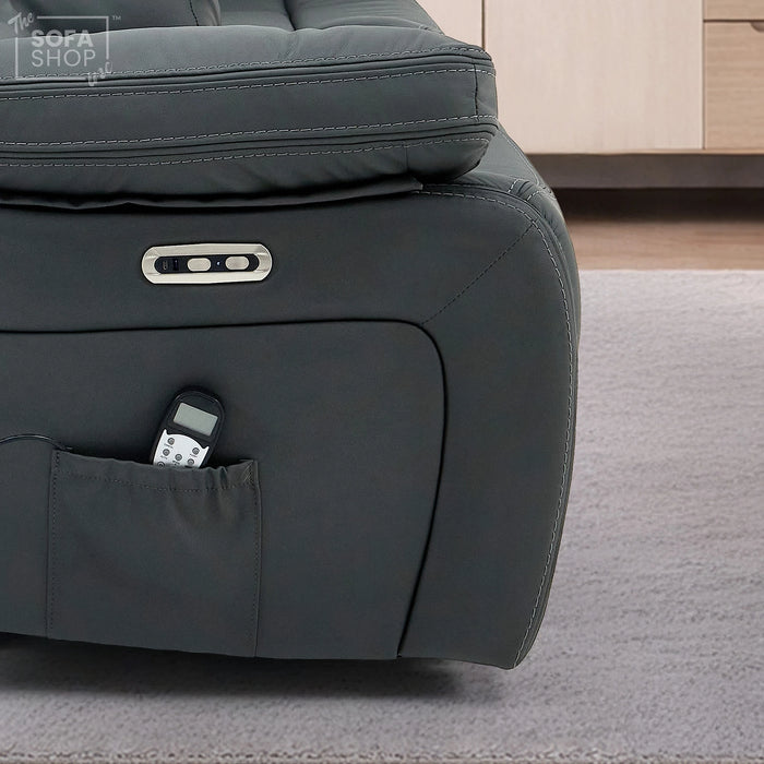 3 Seater Electric Recliner Cinema Sofa in Grey Real Leather | Hi-Tech Cinema Seats with Massage, Drop-Down Table, LED Reading Light, Power Headrest, Power Recliner, Storage Drawer, Heating, USB & Wireless Charging | Sicily