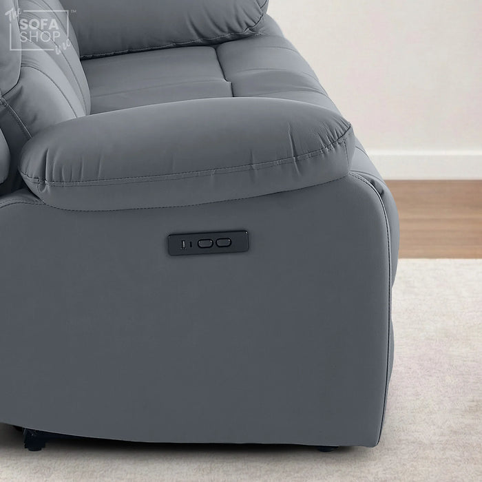 3 Seater Electric Recliner Sofa In Grey Real Leather | Power Recliner With Drop-Down Table & USB+C Charging | Comfortable & Family-Friendly Sofa | Trento | The Sofa Shop