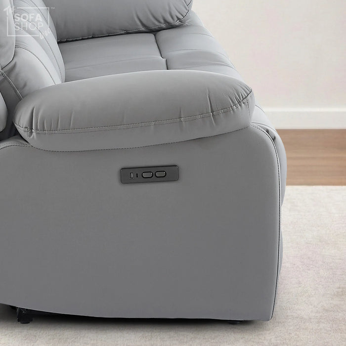 3 Seater Electric Recliner Sofa In Light Grey Real Leather | Power Recliner With Drop-Down Table & USB+C Charging | Comfortable & Family-Friendly Sofa | Trento | The Sofa Shop
