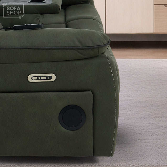3 Seater Fabric Electric Recliner Sofa With Vibration Massage & Heating | Integrated Wireless Charging + Multi-Link Bluetooth | Green Fabric | Power Headrests & Fold-Down Table | Florence | The Sofa Shop