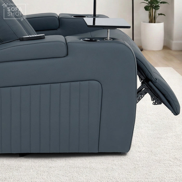 Real Leather Recliner Chair In Blue with Power Headrest, Power Recline, Massage, Heating, USB Charging, Cooling Cup Holder & Tray Table | Capri