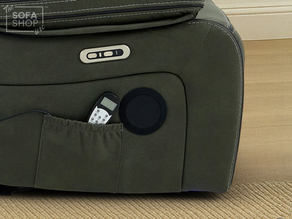 2 Seater Hi-Tech Sofa | Electric Recliner Home Cinema Seat in Green Fabric with Massage + Chilled Cupholders + Console + Power Sockets + USB | Vinsonova