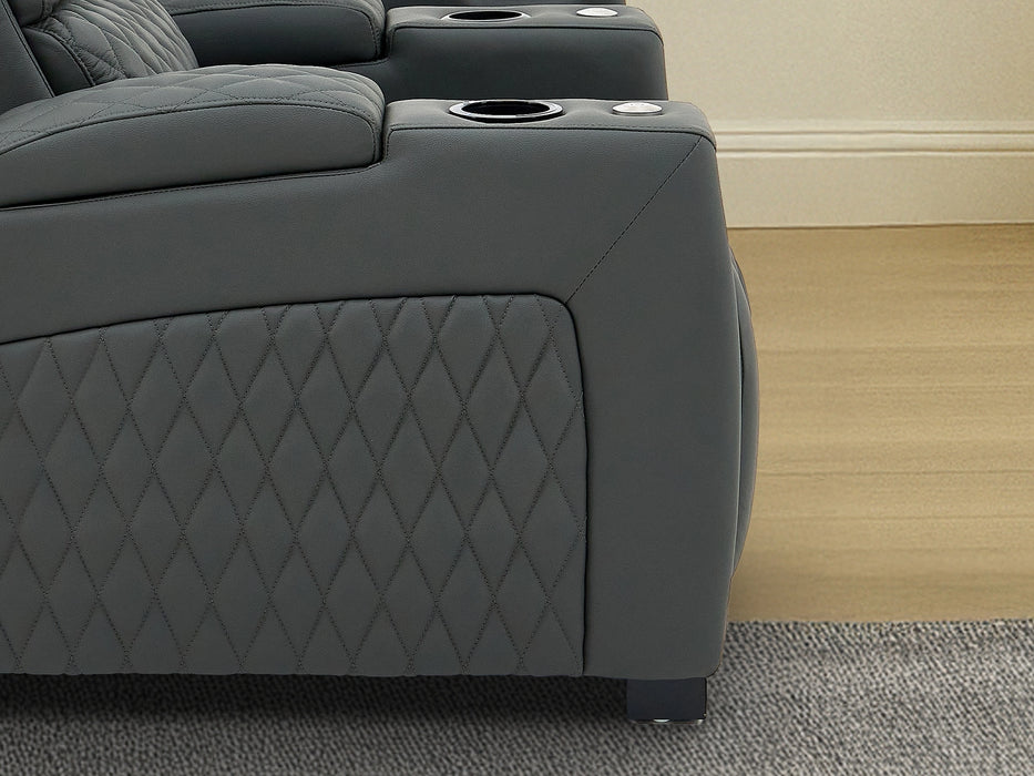 2 Seat Real Leather Electric Recliner Home Cinema Theatre Sofa In Grey With Multi-Position Reclining + LED Cup Holders & Lumbar Support | Assisi