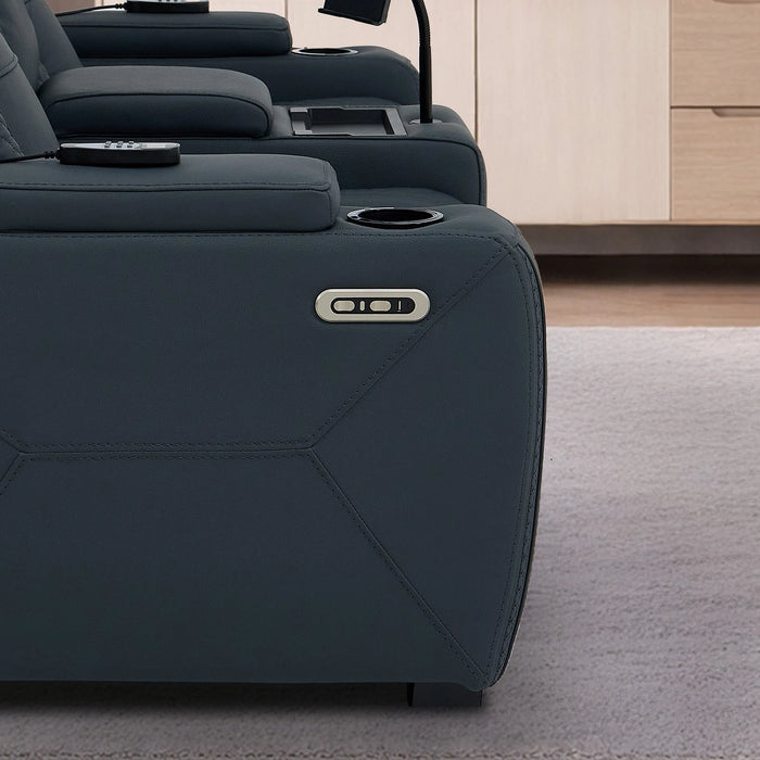 2 Seater Electric Recliner Cinema Sofa in Blue Real Leather with Massage, Heating, Cup Holders, Power Recliner, USB Ports, Socket Set & Storage Box | Blue Leather | Napoli