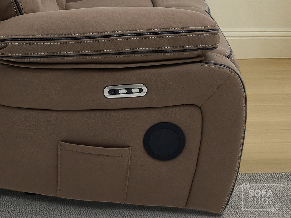 3+2+1 Piece Electric Home Cinema Sofa Set | Fabric Couch Suite Package In Brown | Hi-Tech Sofa Set with Cupholders + Console + Power + Massage + Speakers | Tuscany