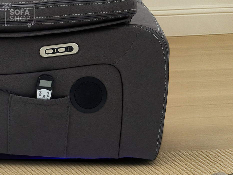 3 Seat Electric Recliner Home Cinema Theatre Sofa | Fabric Couch In Grey with Massage + Cupholders + Table + USB + Speakers | Vinsonova | The Sofa Shop