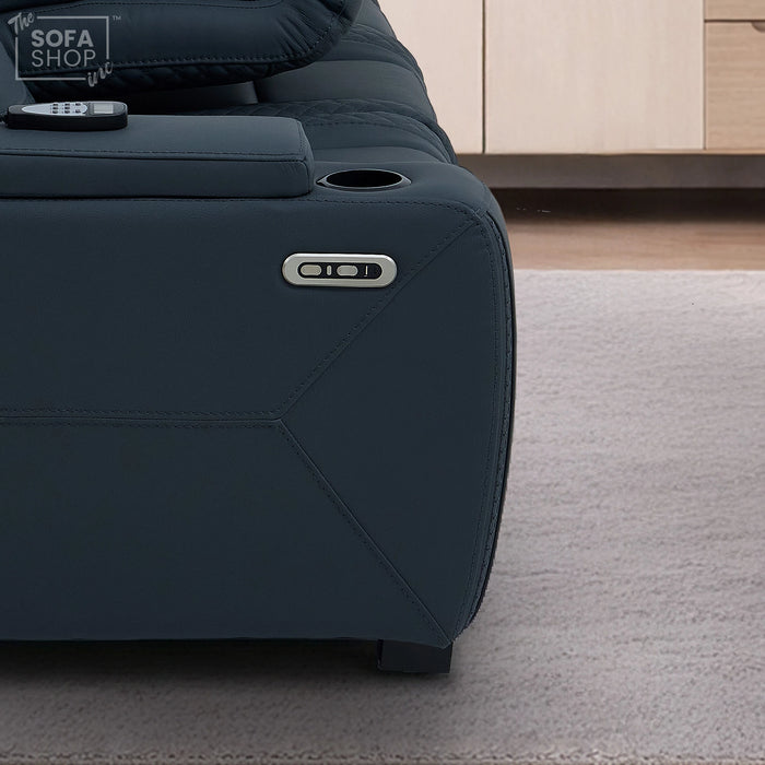 3 Seater Electric Recliner Cinema Sofa in Blue Genuine Leather with Massage, Drop-Down Table, Cup Holders, Power Recliner, USB Ports & Storage Box | Napoli