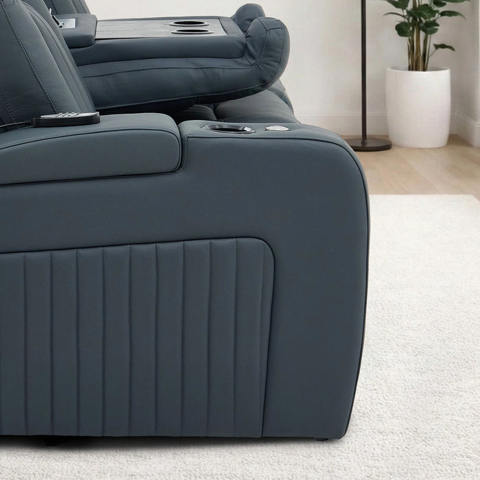 3 Seater Real Leather Recliner Sofa In Blue | Cinema Sofa with Massage, Heating, USB Ports, Drop-Down Table, LED Lights & Massage | Capri | The Sofa Shop