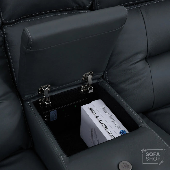 2 Seater Cinema Sofa in Grey Genuine Leather | Hi-Tech Console Couch with Power Recline + Power Headrests + Speakers + Cooling Cupholders | Sicily | The Sofa Shop