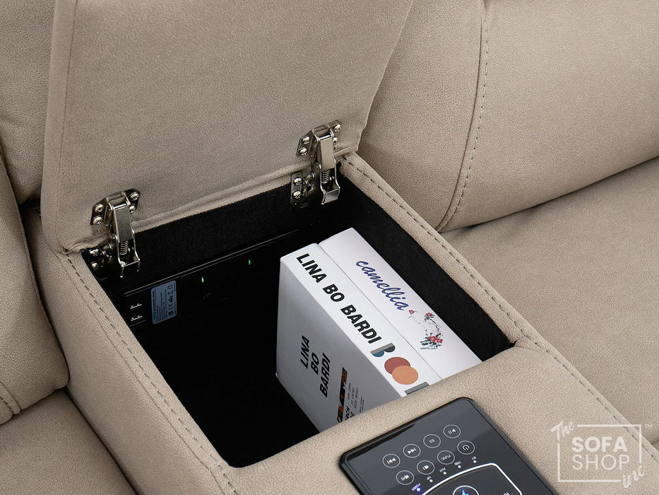 2 Seat Electric Recliner Home Cinema Sofa | Fabric Couch In Beige | Hi-Tech Sofa with Chilled Cup Holders + Console + USB | Florence