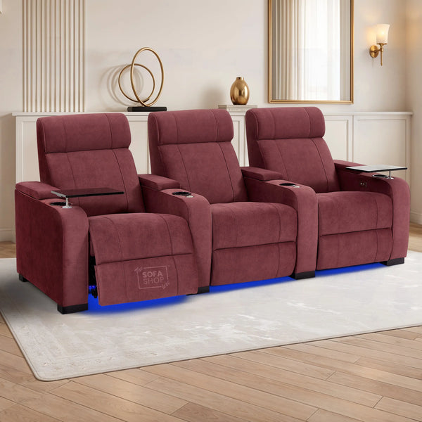 3 Seater Reclining Sofa with Electric Mechanism, Massage, USB Ports, Cup Holders, Storage Boxes & LED Lights | Purple Velvet Sofa | Rimini | The Sofa Shop