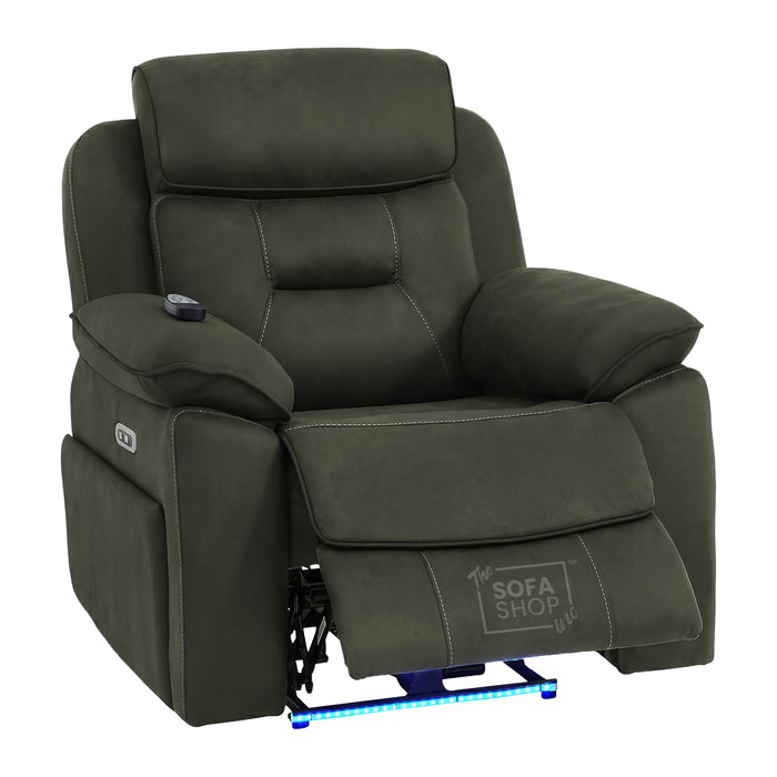 1 Seater Electric Recliner Chair in Green Fabric | Hi-Tech Chair with Vibration Massage + Heated Lumbar + Power Headrest + Power Grommet + USB+C Charging | Florence | The Sofa Shop