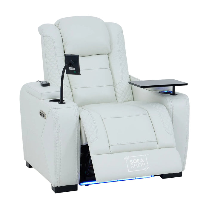1 Seater Cinema Chair in White Genuine Leather | Hi-Tech Cinema Chair with Power Recline + Power Headrest + Vibration Massage + Heated Lumbar + Power Sockets | Napoli | The Sofa Shop