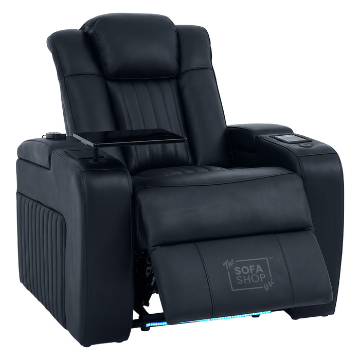 Electric Recliner Cinema Chair in Black Genuine Leather | Hi-Tech Armchair With Massage, Heated Lumbar, Heating & Cooling Cup Holders & Power Headrest | Capri | The Sofa Shop
